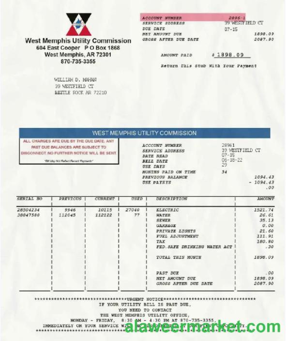USA WEST MEMPHIS UTILITY COMMISSION utility bill Word and PDF template